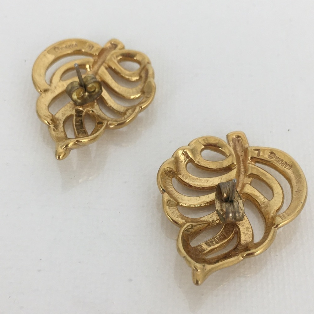 Vintage Napier Signed Estate Earrings Gold Tone Filigree Leaf Pierced Post Retro - Picture 9 of 13